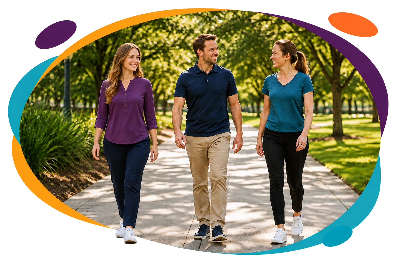 Three Qcare disability support workers walking together outdoors